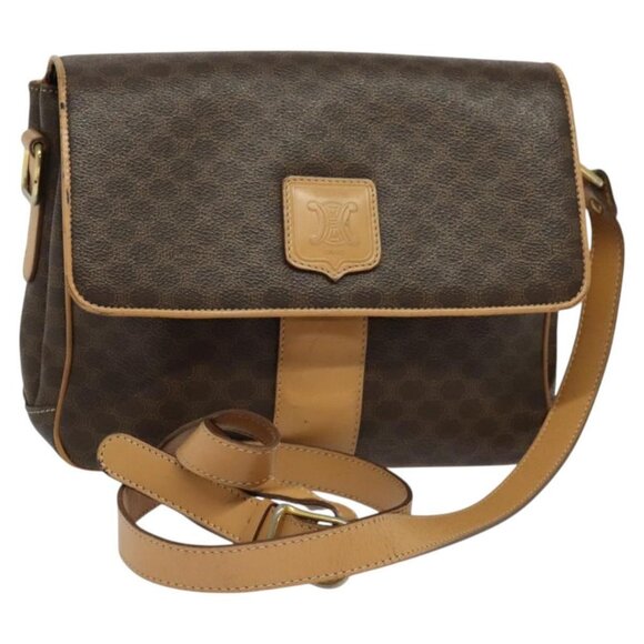 CELINE Macadam Canvas Shoulder Bag PVC Leather Brown Gold Auth sw675 - Picture 1 of 16